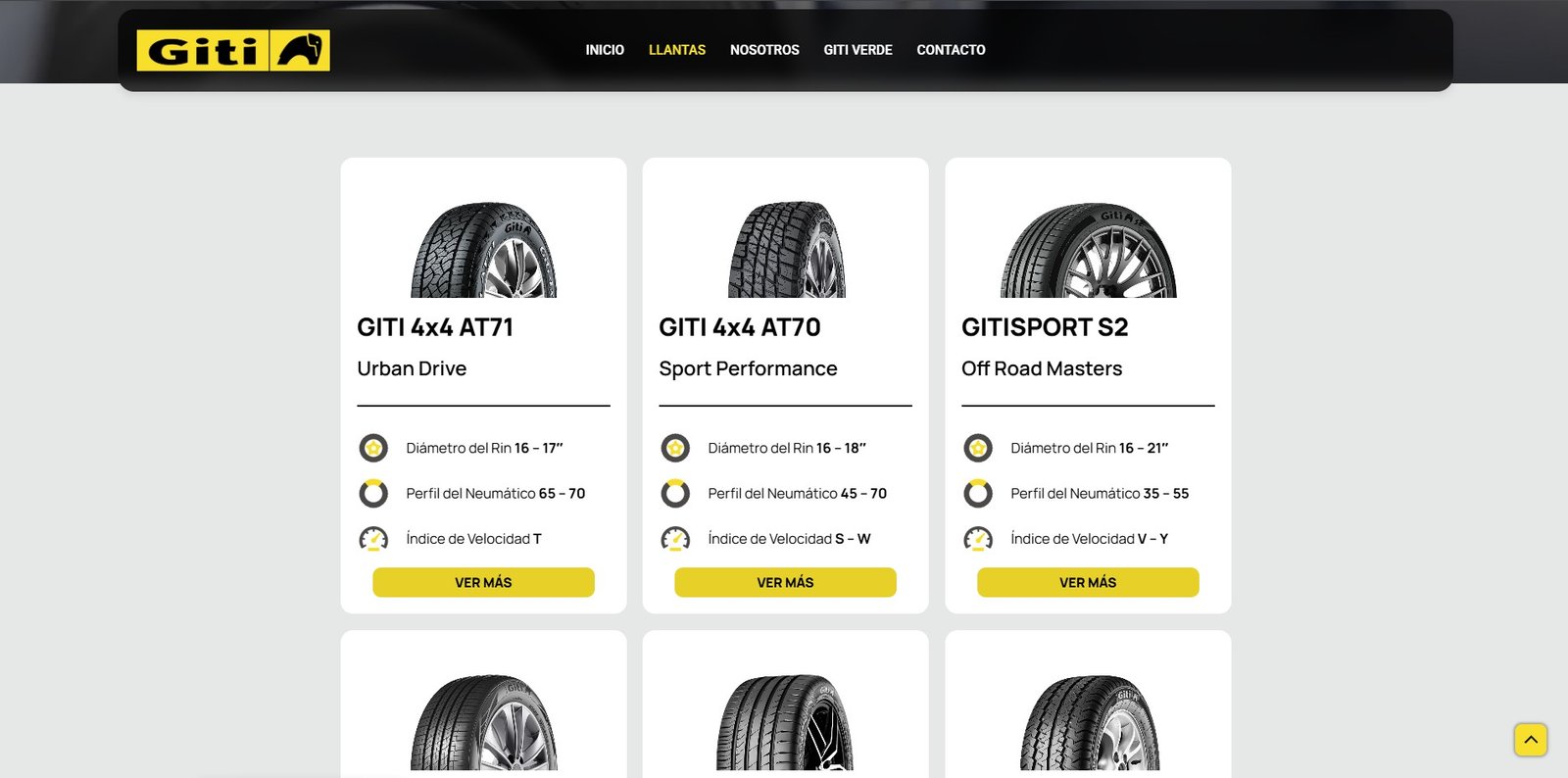 Captura del catálogo de llantas de Giti Tire México