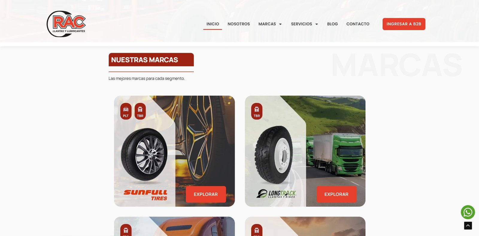 Captura de la sección de marcas de RAC Llantas