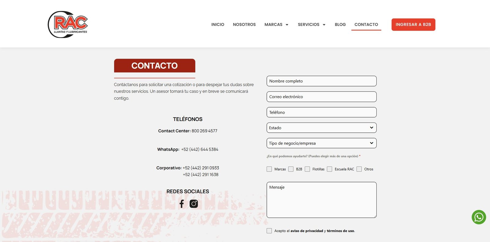 Captura del sitio de RAC Llantas — sección 6